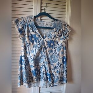 Elegant Floral Women's Blouse in Blue and White